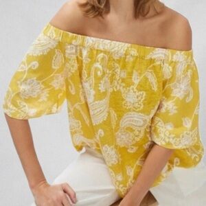 Chico’s Womens Blouse XL Off Shoulder Yellow White Floral Linen Boho Peasant